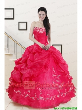 2015 Modest Sweetheart Embroidery Quinceanera Dress in Hot Pink