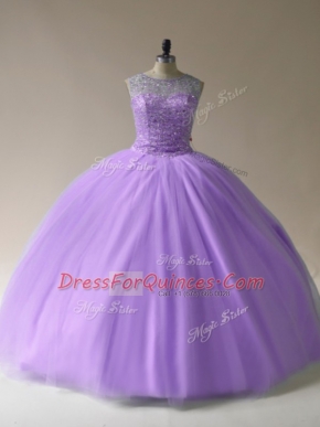 Floor Length Lavender 15th Birthday Dress Scoop Sleeveless Lace Up