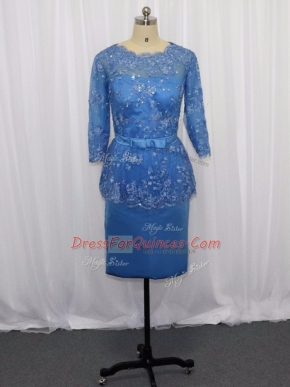 Mini Length Column/Sheath Long Sleeves Blue Prom Gown Zipper