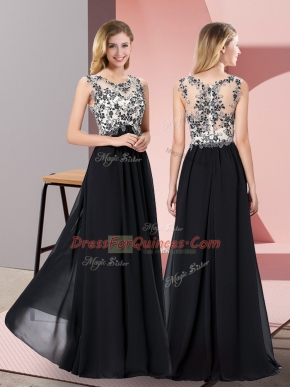 Sexy Black Chiffon Zipper Prom Dress Sleeveless Floor Length Appliques
