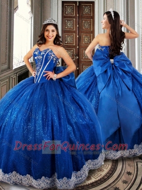Ball Gown Beaded Royal Blue Sweet 16 Dress with Appliques and Bowknot
