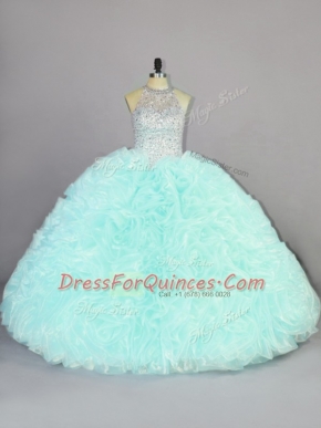 Fashion Halter Top Sleeveless Lace Up Quince Ball Gowns Apple Green Organza