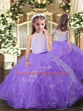 Unique Ruffles Pageant Dress Womens Lavender Backless Sleeveless Floor Length