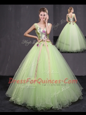 Sleeveless Floor Length Appliques and Belt Lace Up Quinceanera Dress with Yellow Green