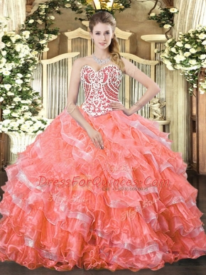 Best Watermelon Red Lace Up Sweetheart Beading and Ruffled Layers 15 Quinceanera Dress Organza Sleeveless