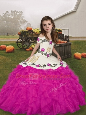 High End Embroidery and Ruffles Child Pageant Dress Fuchsia Lace Up Sleeveless Floor Length