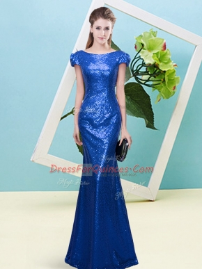 New Arrival Royal Blue Sequined Zipper Cap Sleeves Floor Length Sequins