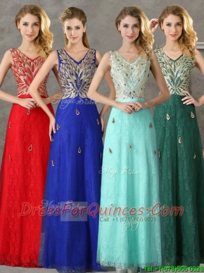 Fashionable V Neck Long Prom Dresses with Appliques and Beading
