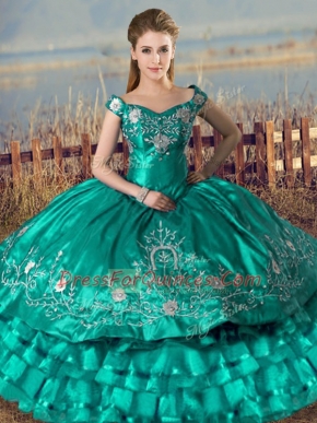 Graceful Sleeveless Floor Length Embroidery and Ruffled Layers Lace Up Sweet 16 Dress with Turquoise