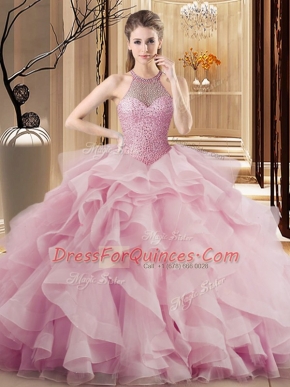 Sleeveless Sweep Train Lace Up Beading and Ruffles Sweet 16 Dress