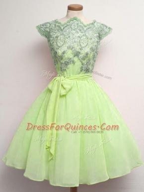 Chiffon Cap Sleeves Knee Length Vestidos de Damas and Lace and Belt
