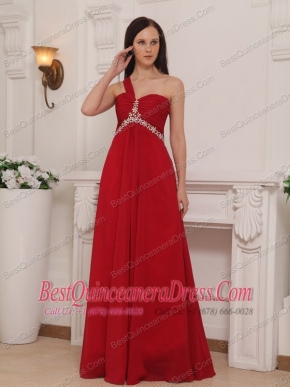 Red Empire One Shoulder Floor-length Chiffon Beading and Rush Prom Dress