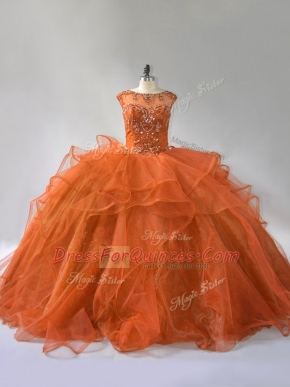 Luxurious Scoop Sleeveless Organza Quinceanera Gowns Ruffles Brush Train Lace Up