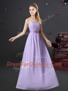 Lavender Sleeveless Lace and Belt Floor Length Quinceanera Dama Dress
