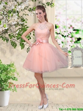 Artistic Halter Top Appliques and Laced Prom Dresses in Baby Pink