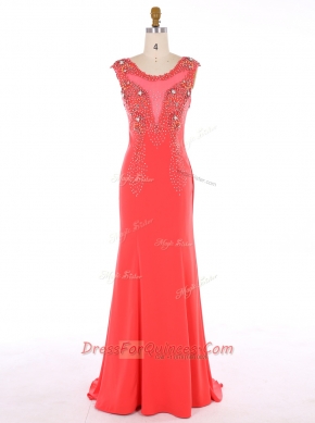 Mermaid Scoop Chiffon Sleeveless Brush Train and Beading