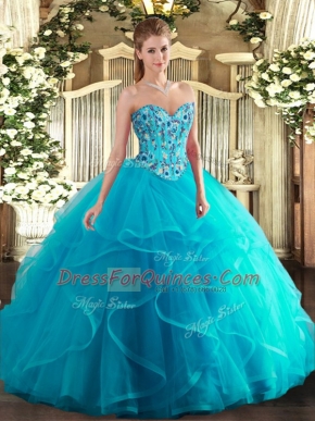 Fancy Sweetheart Sleeveless Tulle and Printed Quinceanera Dresses Embroidery and Ruffles Lace Up