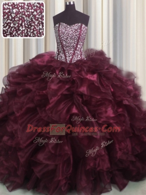 Visible Boning Bling-bling Sleeveless With Train Beading and Ruffles Lace Up Quince Ball Gowns with Burgundy Brush Train
