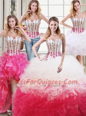 Custom Made Four Piece Ball Gowns Sweet 16 Quinceanera Dress White and Red Sweetheart Organza Sleeveless Floor Length Lace Up