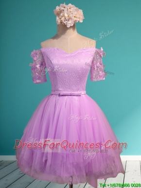 Sweet Lilac Off the Shoulder Short Sleeves Prom Dresses with Appliques and Belt