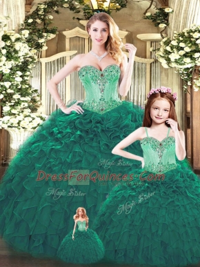 Glorious Dark Green Ball Gowns Beading and Ruffles Quinceanera Gown Lace Up Tulle Sleeveless Floor Length