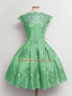 Green A-line Tulle Scalloped Cap Sleeves Lace Knee Length Lace Up Quinceanera Dama Dress