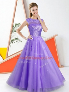 Delicate Bateau Sleeveless Backless Damas Dress Lavender Tulle