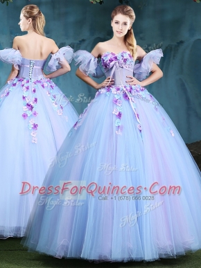 Affordable Sleeveless Lace Up Floor Length Appliques Quince Ball Gowns
