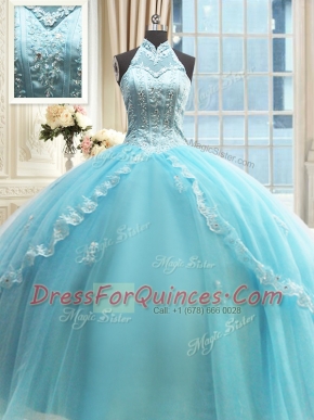 Beauteous Halter Top Sleeveless Tulle Sweet 16 Quinceanera Dress Beading and Lace and Appliques Lace Up