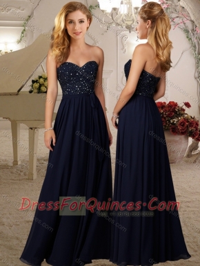 Romantic Empire Beaded Bodice Dama Dress in Navy Blue