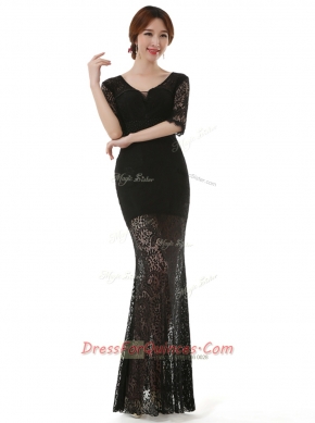 Black Column/Sheath Lace Scoop Half Sleeves Lace Ankle Length Zipper Prom Dress