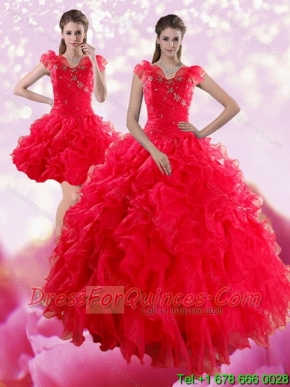 Perfect Red Sweetheart Dresses for Quince with Ruffles and Beading