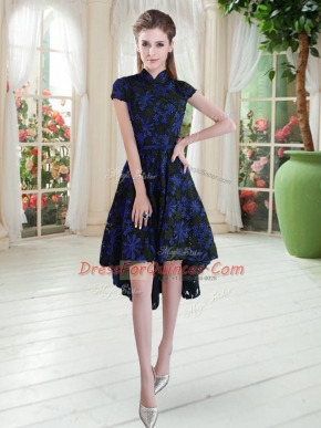 Fabulous High-neck Short Sleeves Zipper Prom Dress Blue And Black Lace