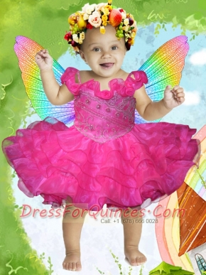 Pretty Beading and Ruffles Hot Pink Little Girl Dress with Off the Shoulder