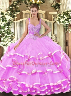 Fashionable Lilac Lace Up Straps Beading and Ruffled Layers Quinceanera Gown Organza Sleeveless