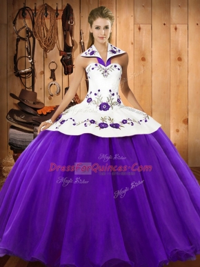 Stunning Halter Top Sleeveless Lace Up Sweet 16 Quinceanera Dress Purple Satin and Tulle
