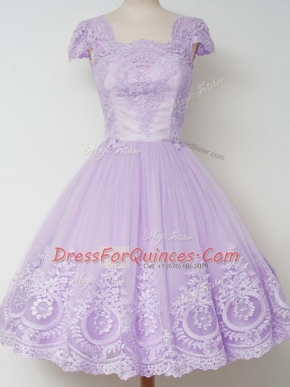 Latest Square Cap Sleeves Quinceanera Court Dresses Knee Length Lace Lavender Tulle