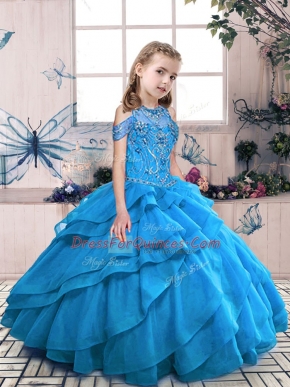 Aqua Blue Sleeveless Beading and Ruffles Floor Length Little Girls Pageant Gowns