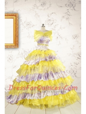Popular Beading Yellow Sweet 15 Dresses with Sweep Train