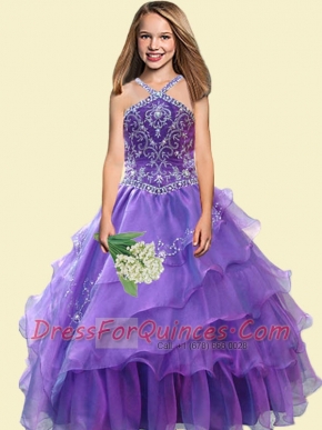 2014 Elegant A-Line Halter Beading Little Girl Pageant Dress in Purple
