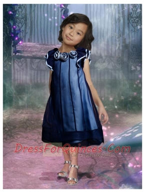 Romantic A-Line Bateau Hand Made Flowers and Ruffles Flower Girl Dress in Navy Blue