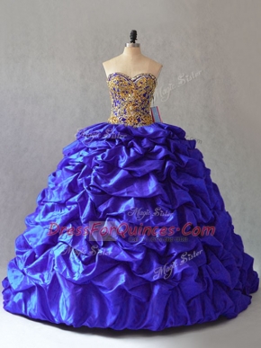 Sleeveless Taffeta Brush Train Lace Up Ball Gown Prom Dress in Royal Blue with Beading and Pick Ups