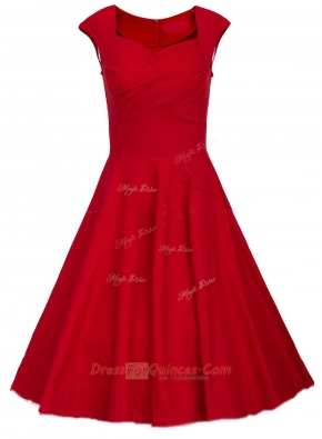 Edgy Satin Square Cap Sleeves Zipper Ruching Prom Dress in Red