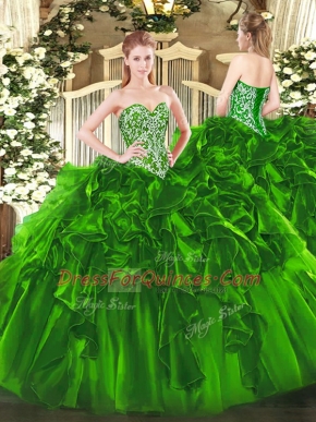 Green Vestidos de Quinceanera Military Ball and Sweet 16 and Quinceanera with Beading and Ruffles Sweetheart Sleeveless Lace Up