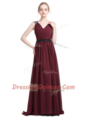 Custom Made Burgundy Column/Sheath V-neck Sleeveless Chiffon With Brush Train Zipper Lace Dress for Prom