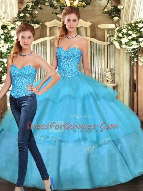 Sweetheart Sleeveless 15 Quinceanera Dress Floor Length Ruffled Layers Aqua Blue Organza