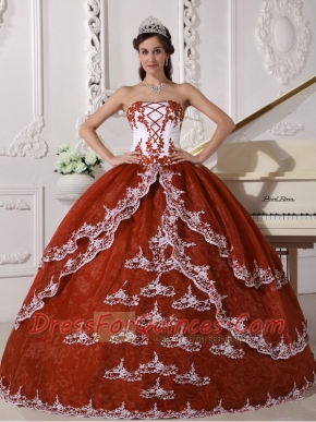 Rust Red and White Strapless Organza Ball Gown Dress with Appliques