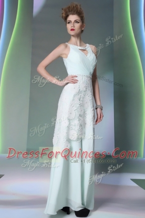 Scoop Beading and Lace Prom Dress Apple Green Zipper Sleeveless Floor Length