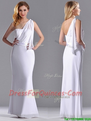 Exclusive Column White Chiffon Backless Prom Dress with One Shoulder