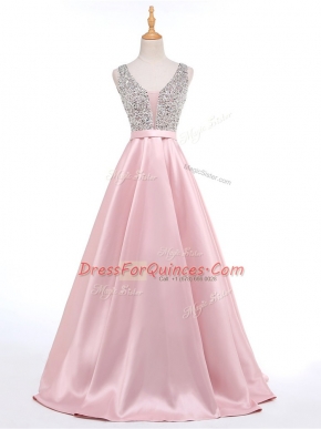 Baby Pink Sleeveless Elastic Woven Satin Brush Train Backless Dress for Prom for Prom and Military Ball